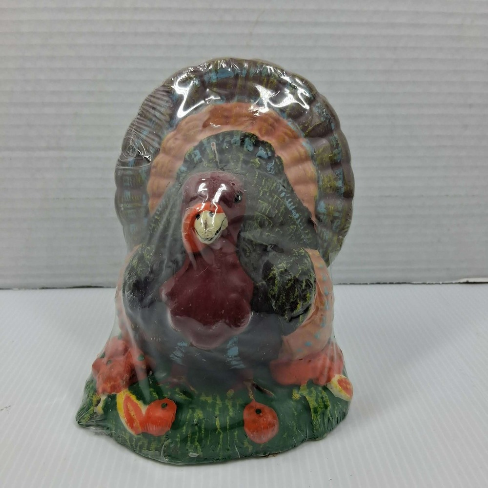 Vintage Style Thanksgiving Turkey Pillar Candle Hand Painted Fall Decor 6 Inch